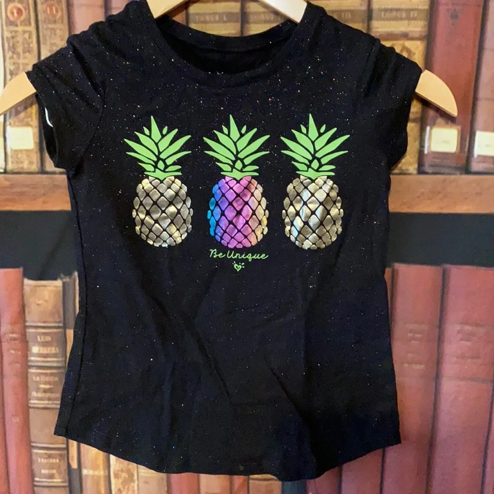 Justice Girls Be Unique Pineapple Glitter Graphic Tee Navy Size 6/7
